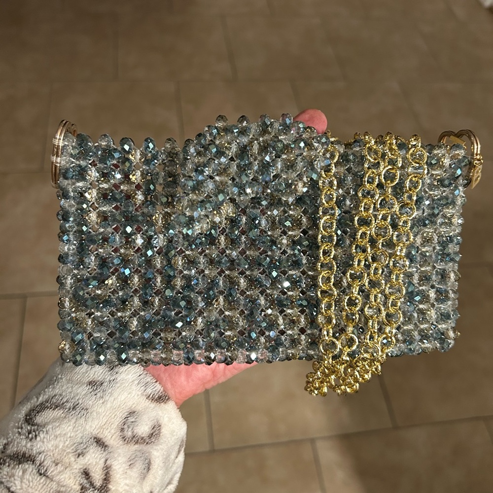 Small Crystal Beaded Evening Clutch/Bag with Gold Chain - Blue